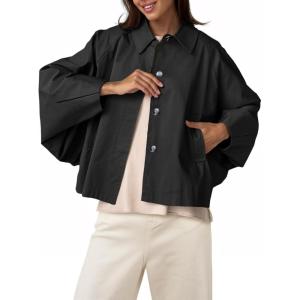 imageCicy Bell Womens Oversized Cropped Trench Coats Batwing Sleeve Trendy Casual Jackets Button Up OuterwearBlack