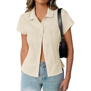 imageCicy Bell Womens Short Sleeve Button Down Shirts Pleated Slim Fit Summer Dressy Casual BlousesBeige