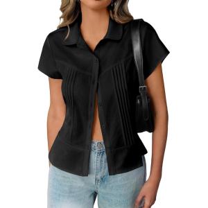 imageCicy Bell Womens Short Sleeve Button Down Shirts Pleated Slim Fit Summer Dressy Casual BlousesBlack