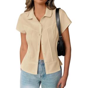 imageCicy Bell Womens Short Sleeve Button Down Shirts Pleated Slim Fit Summer Dressy Casual BlousesKhaki