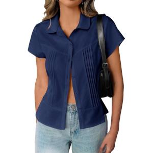 imageCicy Bell Womens Short Sleeve Button Down Shirts Pleated Slim Fit Summer Dressy Casual BlousesNavy