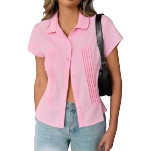 imageCicy Bell Womens Short Sleeve Button Down Shirts Pleated Slim Fit Summer Dressy Casual BlousesPink