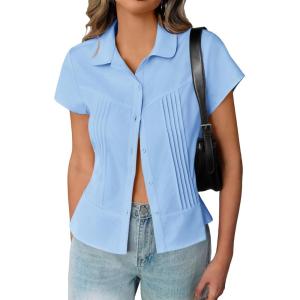 imageCicy Bell Womens Short Sleeve Button Down Shirts Pleated Slim Fit Summer Dressy Casual BlousesSky Blue