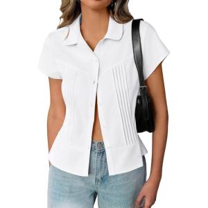 imageCicy Bell Womens Short Sleeve Button Down Shirts Pleated Slim Fit Summer Dressy Casual BlousesWhite