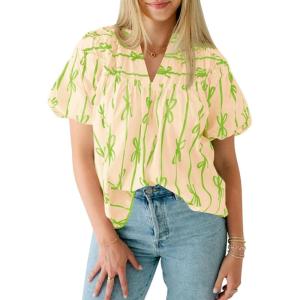 imageCicy Bell Womens Summer Babydoll Tops Short Lantern Sleeve Bow Print Blouse V Neck Pleated Casual Cute Tee ShirtsGreen