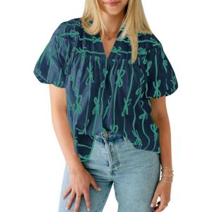 imageCicy Bell Womens Summer Babydoll Tops Short Lantern Sleeve Bow Print Blouse V Neck Pleated Casual Cute Tee ShirtsNavy Blue