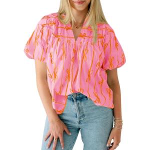 imageCicy Bell Womens Summer Babydoll Tops Short Lantern Sleeve Bow Print Blouse V Neck Pleated Casual Cute Tee ShirtsPink