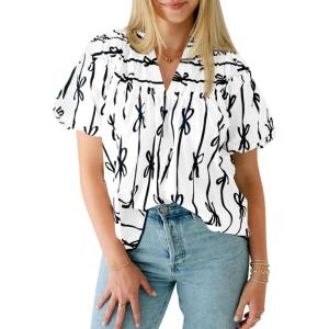 imageCicy Bell Womens Summer Babydoll Tops Short Lantern Sleeve Bow Print Blouse V Neck Pleated Casual Cute Tee ShirtsWhite