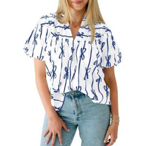 imageCicy Bell Womens Summer Babydoll Tops Short Lantern Sleeve Bow Print Blouse V Neck Pleated Casual Cute Tee ShirtsWhite Blue