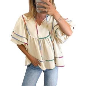 imageCicy Bell Womens Summer Babydoll Tops V Neck Short Lantern Sleeve Shirts Cute Loose Fit Peplum Flowy BlousesBeige