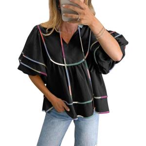 imageCicy Bell Womens Summer Babydoll Tops V Neck Short Lantern Sleeve Shirts Cute Loose Fit Peplum Flowy BlousesBlack