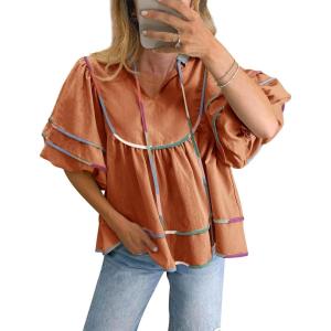 imageCicy Bell Womens Summer Babydoll Tops V Neck Short Lantern Sleeve Shirts Cute Loose Fit Peplum Flowy BlousesBrick Red