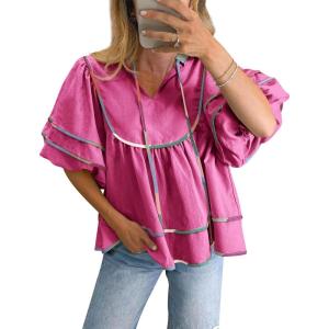 imageCicy Bell Womens Summer Babydoll Tops V Neck Short Lantern Sleeve Shirts Cute Loose Fit Peplum Flowy BlousesHot Pink
