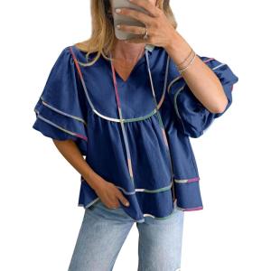 imageCicy Bell Womens Summer Babydoll Tops V Neck Short Lantern Sleeve Shirts Cute Loose Fit Peplum Flowy BlousesNavy Blue