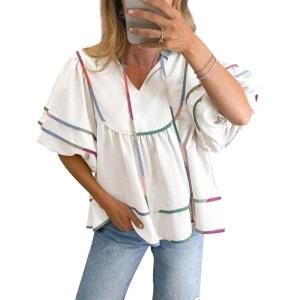 imageCicy Bell Womens Summer Babydoll Tops V Neck Short Lantern Sleeve Shirts Cute Loose Fit Peplum Flowy BlousesWhite