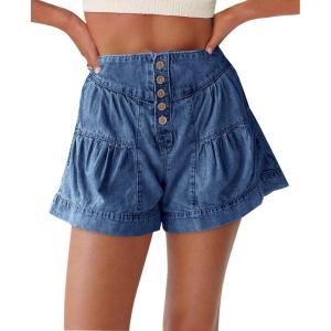 imageCicy Bell Womens Summer Flowy Jean Shorts Button Up High Waisted Wide Leg Denim Skort with PocketsNavy Blue