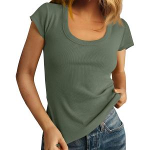 imageCicy Bell Womens Summer Scoop Neck T Shirts Cap Sleeve Ribbed Casual Tees Slim Fit Basic TopsArmy Green