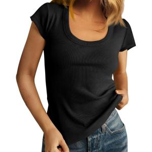 imageCicy Bell Womens Summer Scoop Neck T Shirts Cap Sleeve Ribbed Casual Tees Slim Fit Basic TopsBlack