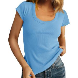imageCicy Bell Womens Summer Scoop Neck T Shirts Cap Sleeve Ribbed Casual Tees Slim Fit Basic TopsBlue
