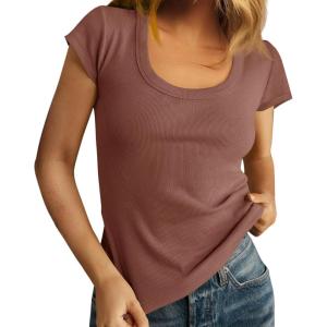 imageCicy Bell Womens Summer Scoop Neck T Shirts Cap Sleeve Ribbed Casual Tees Slim Fit Basic TopsBrown