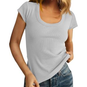 imageCicy Bell Womens Summer Scoop Neck T Shirts Cap Sleeve Ribbed Casual Tees Slim Fit Basic TopsGrey