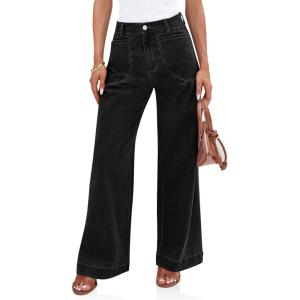 imageCicy Bell Womens Wide Leg Pleated Jeans Boyfriend Baggy Stretchy High Waisted Trendy Denim Pants with PocketsBlack