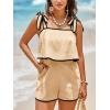 imageCicy Bell Womens Casual Sleeveless Romper Contrast Trim Adjustable Tie Shoulder Loose Fit Short JumpsuitsKhaki