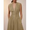 imageCicy Bell Womens V Neck Casual Dressy Jumpsuits Smocked Zip Up Sleeveless Wide Leg Jumpsuit Summer Teacher Work OutfitKhaki