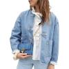 imageCicy Bell Womens Cropped Collarless Denim Shirts Jackets Frog Button Trendy Jean Shackets Lightweight Casual CoatLight Blue