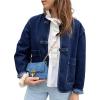 imageCicy Bell Womens Cropped Collarless Denim Shirts Jackets Frog Button Trendy Jean Shackets Lightweight Casual CoatNavy