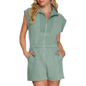 imageCicy Bell Womens Casual Cap Sleeve Rompers Textured Zip Up Collared Short Jumpsuit Elastic Waist Summer OutfitGreen