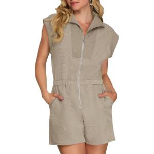 imageCicy Bell Womens Casual Cap Sleeve Rompers Textured Zip Up Collared Short Jumpsuit Elastic Waist Summer OutfitKhaki