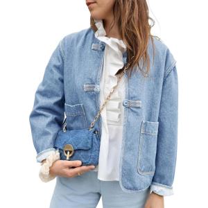 imageCicy Bell Womens Cropped Collarless Denim Shirts Jackets Frog Button Trendy Jean Shackets Lightweight Casual CoatLight Blue