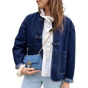 imageCicy Bell Womens Cropped Collarless Denim Shirts Jackets Frog Button Trendy Jean Shackets Lightweight Casual CoatNavy