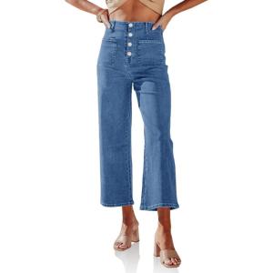 imageCicy Bell Womens High Waisted Cropped Jeans Trendy Stretchy Button Fly Straight Wide Leg Capri Denim PantsBlue