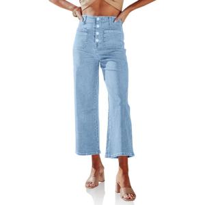 imageCicy Bell Womens High Waisted Cropped Jeans Trendy Stretchy Button Fly Straight Wide Leg Capri Denim PantsLight Blue