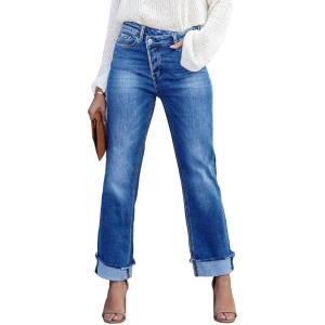imageCicy Bell Womens High Waisted Crossover Jeans 2024 Straight Leg Stretch Casual Cuffed Denim PantsLight Blue