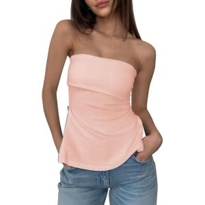 imageCicy Bell Womens Strapless Tube Tops Fitted Ribbed Knit Y2K Going Out T Shirts Summer Side Zipper Backless Bandeau TopsPink