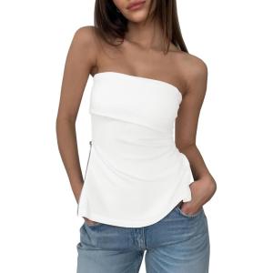 imageCicy Bell Womens Strapless Tube Tops Fitted Ribbed Knit Y2K Going Out T Shirts Summer Side Zipper Backless Bandeau TopsWhite