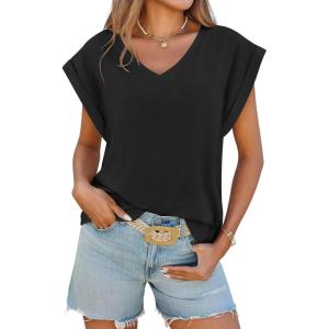 imageCicy Bell Womens Summer Cap Sleeve T Shirts Casual V Neck Tops Loose Fit Basic TeesBlack