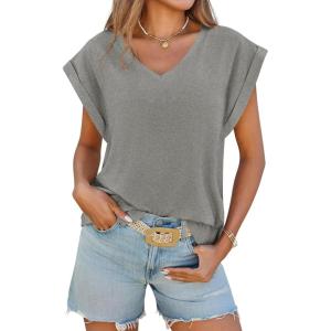imageCicy Bell Womens Summer Cap Sleeve T Shirts Casual V Neck Tops Loose Fit Basic TeesGrey