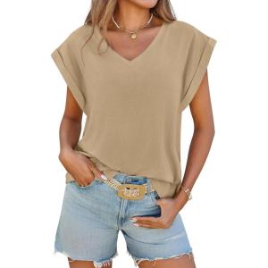 imageCicy Bell Womens Summer Cap Sleeve T Shirts Casual V Neck Tops Loose Fit Basic TeesKhaki