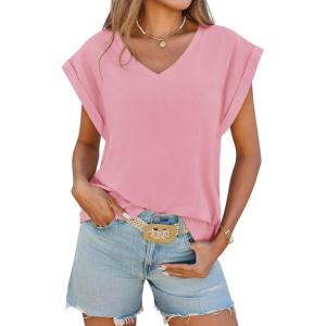 imageCicy Bell Womens Summer Cap Sleeve T Shirts Casual V Neck Tops Loose Fit Basic TeesPink