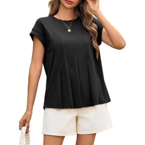imageCicy Bell Womens Summer Peplum Blouse Casual Dressy Cap Sleeve Pleated Tops Ribbed Knit Crew Neck ShirtsBlack