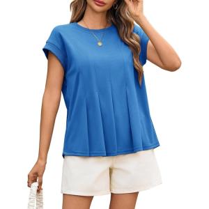 imageCicy Bell Womens Summer Peplum Blouse Casual Dressy Cap Sleeve Pleated Tops Ribbed Knit Crew Neck ShirtsBlue