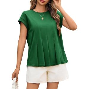 imageCicy Bell Womens Summer Peplum Blouse Casual Dressy Cap Sleeve Pleated Tops Ribbed Knit Crew Neck ShirtsGreen