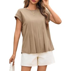 imageCicy Bell Womens Summer Peplum Blouse Casual Dressy Cap Sleeve Pleated Tops Ribbed Knit Crew Neck ShirtsKhaki