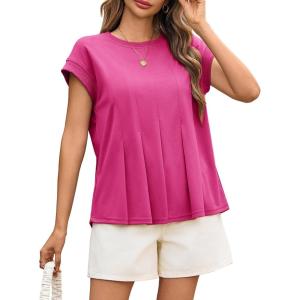 imageCicy Bell Womens Summer Peplum Blouse Casual Dressy Cap Sleeve Pleated Tops Ribbed Knit Crew Neck ShirtsRose Red