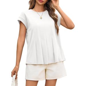 imageCicy Bell Womens Summer Peplum Blouse Casual Dressy Cap Sleeve Pleated Tops Ribbed Knit Crew Neck ShirtsWhite
