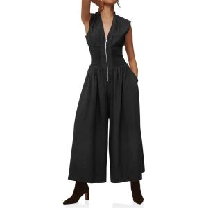 imageCicy Bell Womens V Neck Casual Dressy Jumpsuits Smocked Zip Up Sleeveless Wide Leg Jumpsuit Summer Teacher Work OutfitBlack